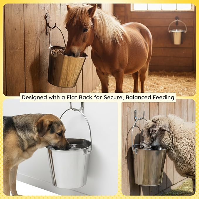 AASPIRE PETS 9 quart Stainless Steel Flat Side Bucket | 2.25 gal Durable Heavy Duty Food & Water Feeding Pails for Dog Goat Sheep horse | Fits kennel Cage Critter Crate Hanging Pet Pail | Multipurpose