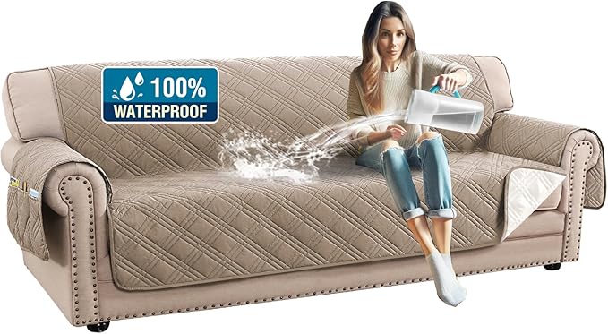 H.VERSAILTEX 100% Waterproof Sofa Covers for 3 Cushion Couch Modern Sofa Cover for Dogs XL Couch Covers for Oversized Sofa with Elastic Straps (Oversized Sofa, Taupe/Beige)