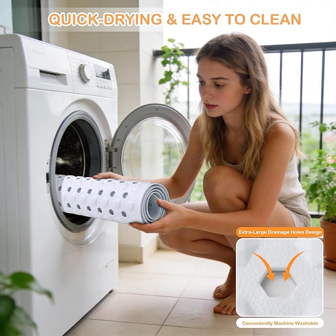 Yimobra Bath Tub Mat Non Slip, 34.5"x15.5" Long Shower Mat, Machine Washable Bathmat with Drain Holes and Suction Cups, Soft on Feet, Bathroom Essentials, White