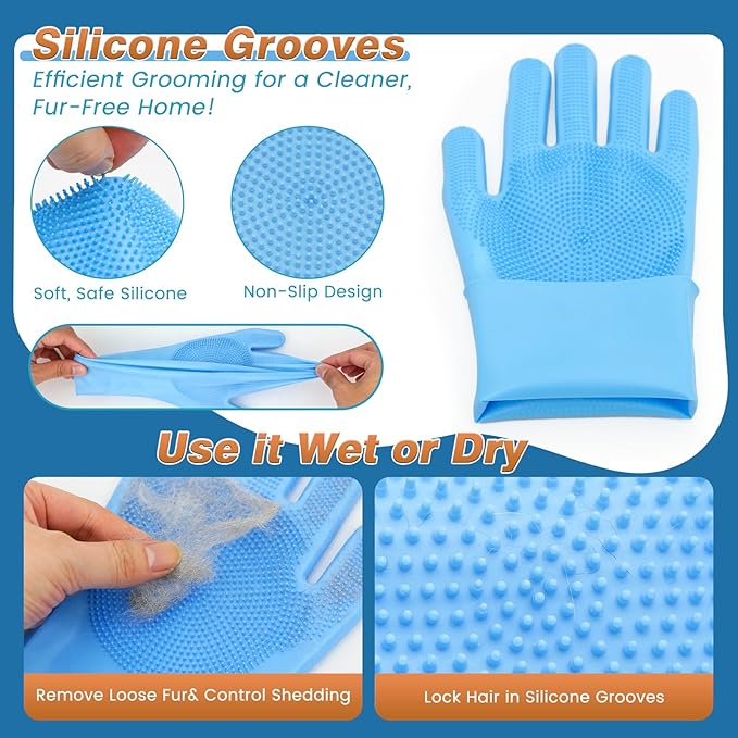 MIYIJHY 7-Piece Pet Grooming Kit with Storage Bag | Portable Bathing Set for Dogs & Cats | Includes Silicone Gloves, Deshedding Brushes & Finger Toothbrushes | All-in-One Pet Care (Ocean Blue)