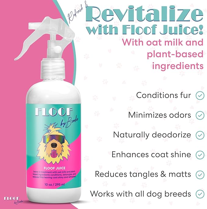 Floof by Brodie Floof Juice Dry Shampoo for Dogs - Hypoallergenic Conditioning Detangling - No Rinse Spray for Odor Control for Smelly Dogs, Waterless - Made in USA (10oz)