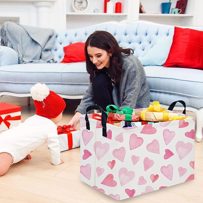 FXOCSHE Rectangular Pink Valentine's Day Gift Basket,nursery basket,Pink girls gift baskets,kids toy storage Bin, Love Heart Room Decor for Home,Shelf Baskets(Pink love)