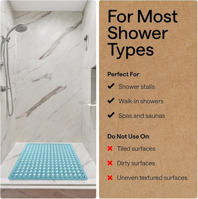 GORILLA GRIP Patented Square Shower Stall Mat, Small Bathtub Floor Mats for Stand Up Showers, Suction Cups and Drainage Holes, Machine Wash, Soft on Feet, Bathroom Accessories 21x21 Inch, Turquoise