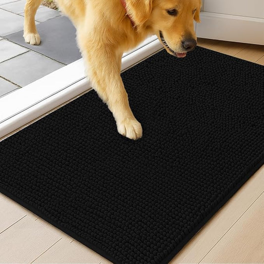MudGuard Mat™ Dog Door Mat for Muddy Paws, Super Absorbent Microfiber, Non-Slip Indoor Mat, Quick Dry Chenille Mud Mat for Dogs & Entryway, Washable, Black 19" x 30"
