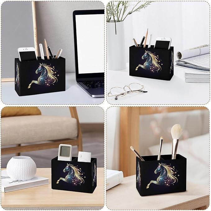 Famame Magic Horse Pencil Holder for Desk, Leather Desktop Container Pen Cup Storage Study Table Pen Organizer Makeup Brush Holder for Classroom Office Home
