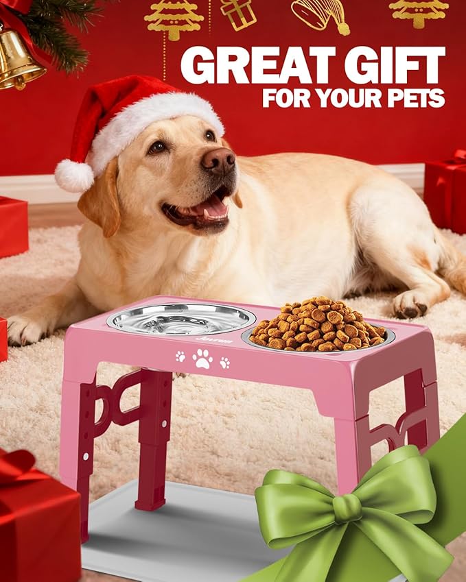 Jovrun Elevated Dog Bowls, Dog Feeder with Stainless Steel Dishes & Slow Feeder Bowl, 5 Heights Adjustable Raised Stand for Medium Large, Food Dishes with Non-Slip Feet
