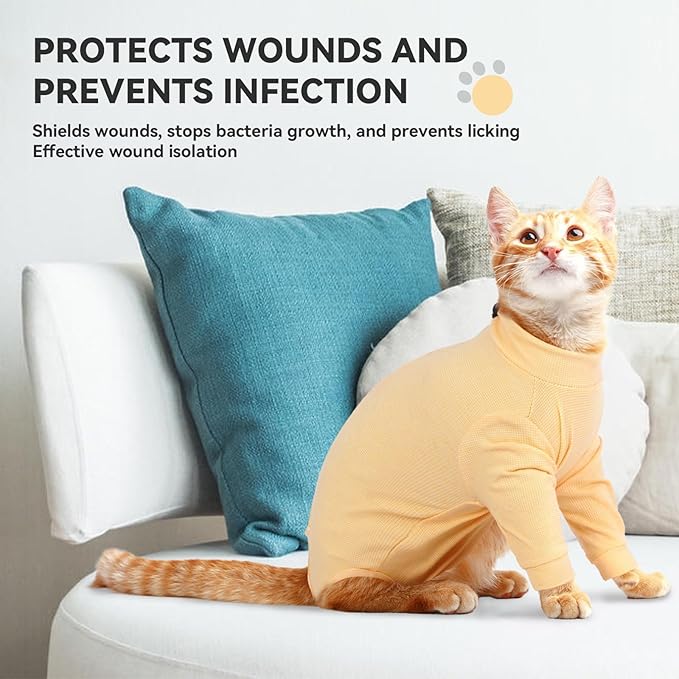 T'CHAQUE Cat Surgery Recovery Suit, Anti-Licking Onesie for Post-Spay/Neuter Abdominal Wound, Cat Recovery Suit with Adjustable Drawstring Collar - Long Sleeve Kitten Surgical Onesie, Orange, L
