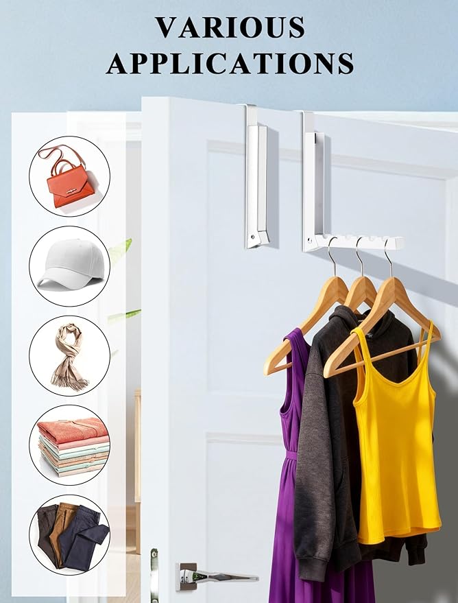 2-Packs Over the Door Hanger Hooks with Extra Anti-slip Pads, Metal Folding Clothes Drying Racks for Laundry, Dorm, Portable Space Saving Coat Towels Organizer Rack for Travel, Hanging Storage