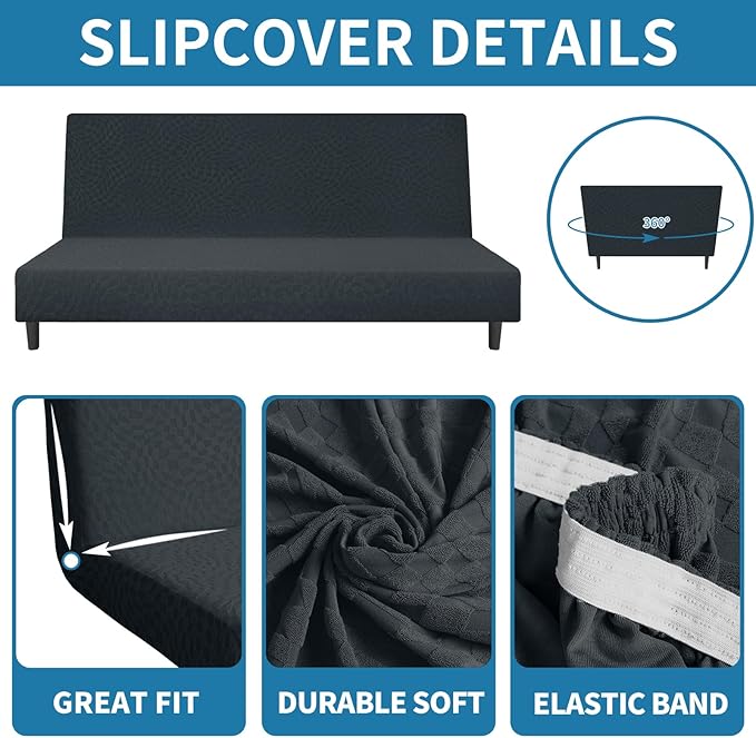 ZNSAYOTX Fashion Futon Cover (67"-82") Stretch Fit Armless Sofa Bed Slipcover, Universal Foldable Sofa Mattress Protector Full Queen Size, Irregular Plaid Texture Jacquard Futon Protector (Dark Gray)