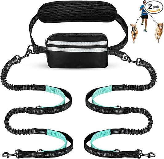 Hands Free Dog Leash with Pouch, Double Leash for Two Dogs, Retractable Bungee with Double Padded Handles, Waist for Dog Walking, Running for Dogs, Dog Walking Accessories