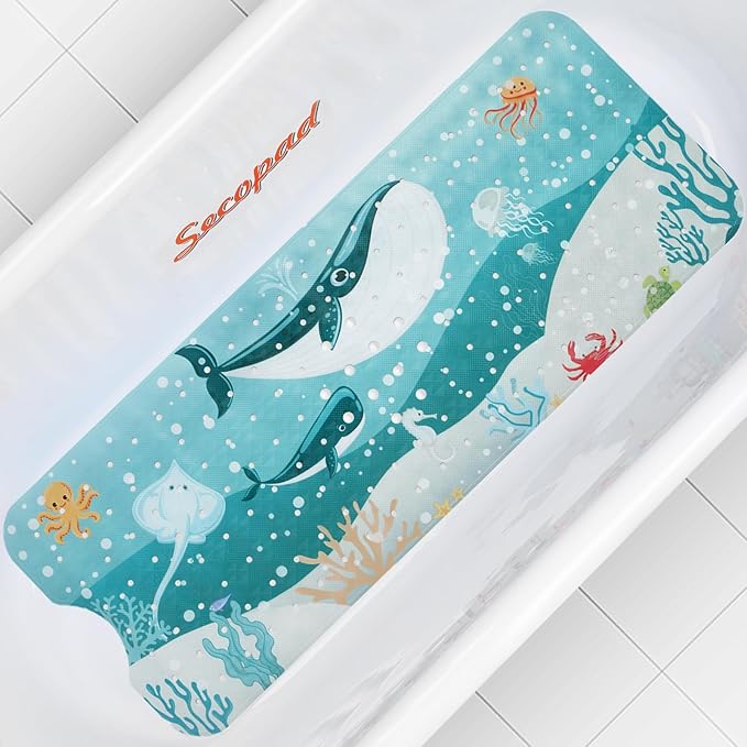 Bath Mat for Tub Non Slip, Machine Washable Anti-Slip Cartoon Baby Bathtub Shower Mat with Drain Holes and Suction Cups for Toddler & Kids, 40 Inch x 16 Inch, Whales