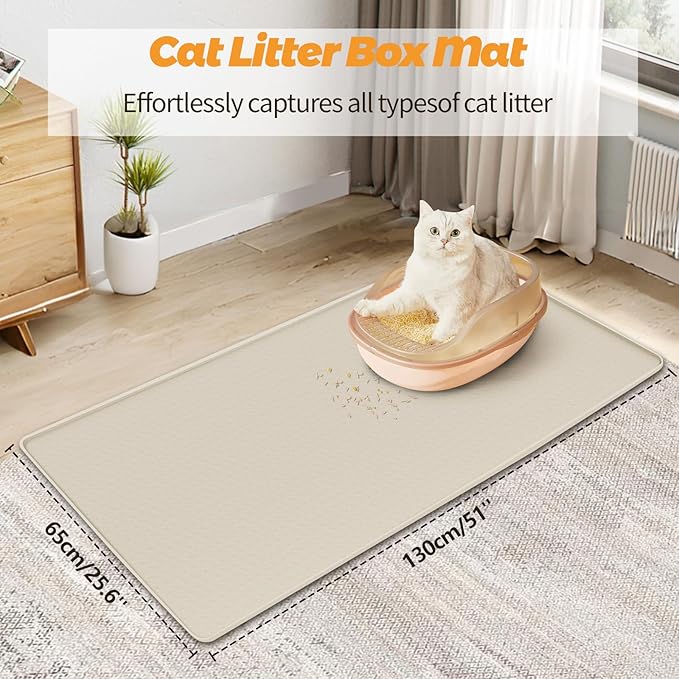 Bartuke Cat Litter Mat, Extra Large 51" x 25.6" Silicone Mat Litter Trapping Mat for Scatter Control, Soft on Kitty Paws, Easy to Clean (Beige)