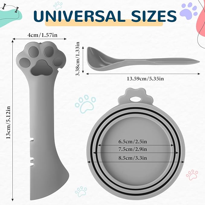 Uiifan Cat Food Lid Cat Food Can Covers Lids 8 Pcs Pet Can Supplies Set 5 Silicone Wet Kitten Foodstuff Tin Covers Lids 2 Silicone Dog Spoons 1 Paw Shape Multifunctional Opener for Pets(Gray)