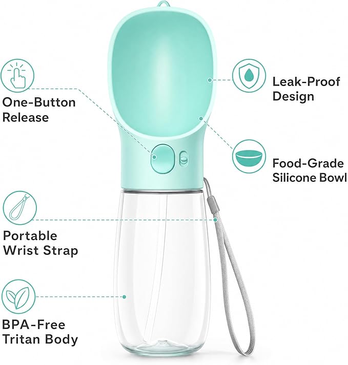 Portable Pet Water Bottle with Drinking Bowl, 12 oz, Pink and Turquoise (Blue, Medium)