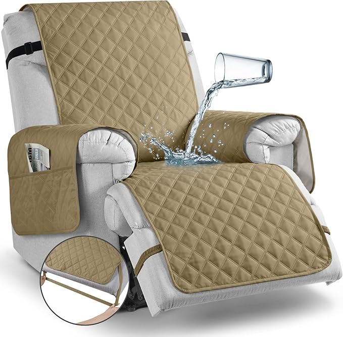 TAOCOCO 100% Waterproof Recliner Chair Cover Non-Slip Reclining Cover for Recliner Chair Washable Chair Seat Cover with Elastic Straps for Pets Sofa Slipcover with Pocket (Oversized 28'', Camel)