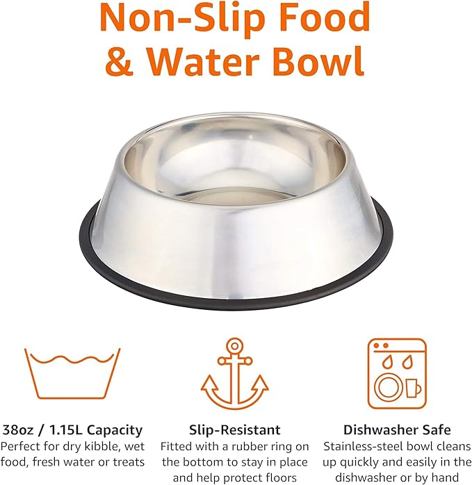 Amazon Basics Stainless Steel Non-Skid Dog Bowl, Dishwasher Safe, Rust Resistant, Single