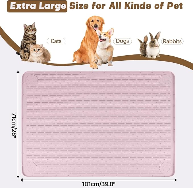 Bartuke Cat Food Mat, 40" x 28" Extra Large Silicone Pet Feeding Mat with Raised Edge Pet Placemat for Food and Water Bowl Non-Slip, Easy to Clean, Floor Protection (Pink)