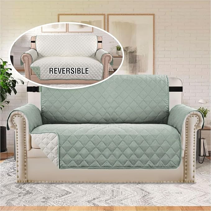 H.VERSAILTEX Reversible Loveseat Cover Water Resistant Loveseat Slipcover Washable Loveseat Couch Cover with Non Slip Elastic Strap Furniture Protector for Kid Dog Pet(Loveseat, Desert Sage/Beige)