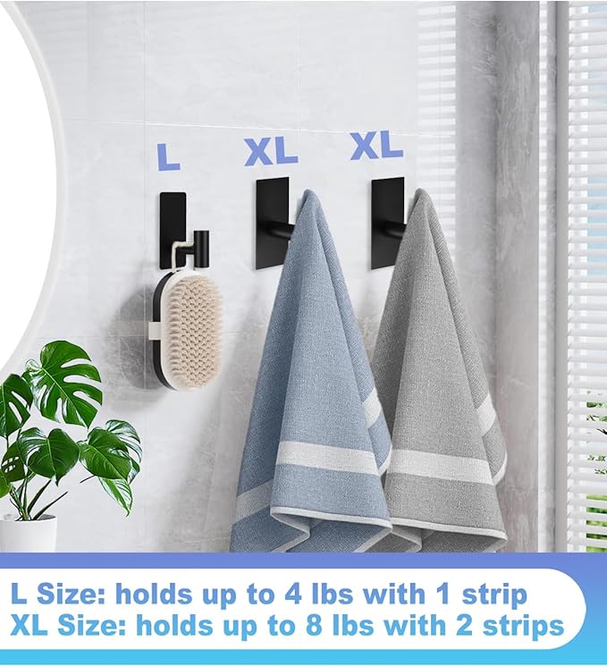 5 Pcs Towel Hooks Heavy Duty for Hanging，Adhesive Wall Hooks with Removable Strips，Sticky No Damage，Outdoor for Bathrooms，Shower，Stockings，Decor，Robe，X-Large，Black 304 Stainless Steel