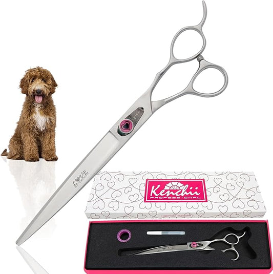 Kenchii Love Left Handed Dog Grooming Scissors, 8 Inch Curved Shears, Dog Scissors for Grooming, Professional Pet Grooming Scissors, Ergonomic & Comfortable