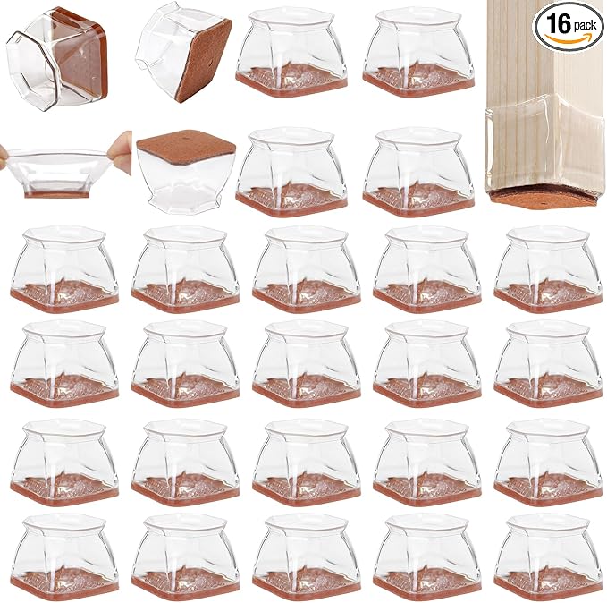 CHUNZEXI 16 Pack Square Chair Leg Floor Protectors for Hardwood Floors, Silicone Felt Covers Pads Caps, Protect Wood Furniture Feet Floors Noise Reduce and Scratch (Square X-Lager & Clear)