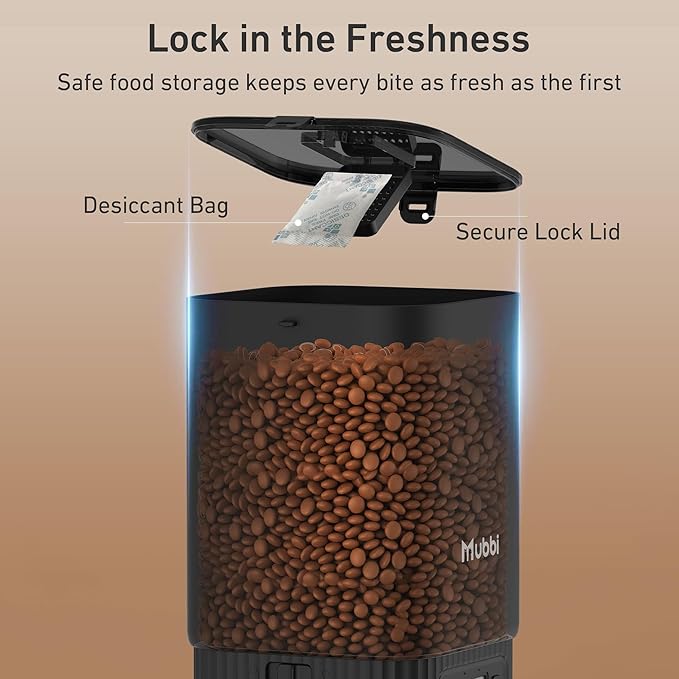 Automatic Cat Feeders, 7L/29 Cups Automatic Dog Feeder with Desiccant Bag, 1-6 Meals Ideal for 2-15mm Dry Food, Suitble for Multiple Pets, Dual Power Supply, Detachable Washable, Black