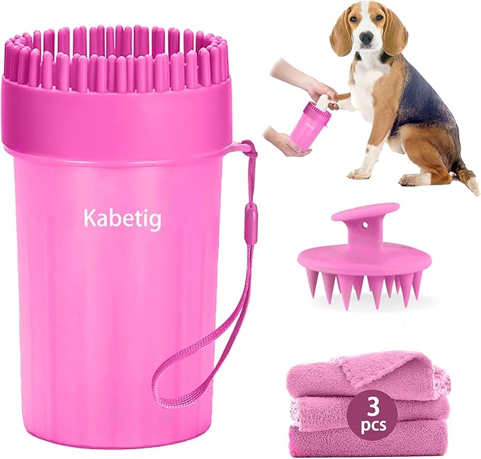 Kabetig Quick Clean Dog Paw Cleaner 5-in-1 Kit, Pink (Medium) - No Full Bath Needed, Post-Walk Paw Clean - with Silicone Bath Brush, 3 Microfiber Towels - Fits Corgi 1.2-2.5 In (3.05-6.35 cm)