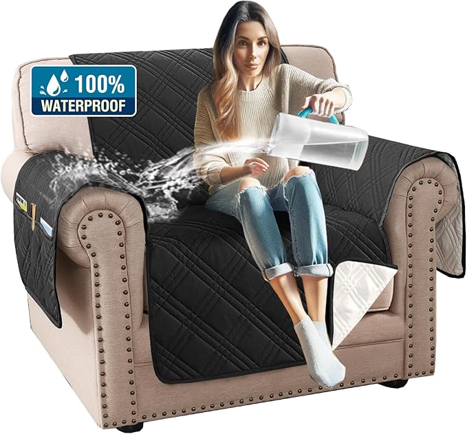 H.VERSAILTEX 100% Waterproof Armchair Slipcovers Modern Arm Chair Covers Waterproof Chair Covers for Pets Washable(Chair, Black/Beige)