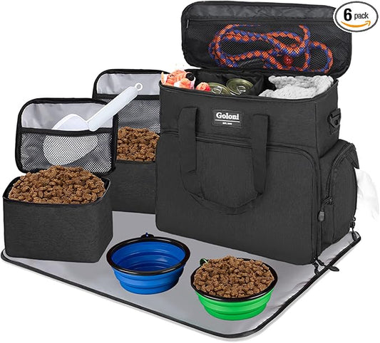 Dog Travel Bag Airline Approved–Pet Travel Tote with Collapsible Bowls,Food Containers & Feeding Mat–Multi-Pocket Organizer for Dogs & Cats, Durable & Water-Resistant for Hiking,Trips,Outdoors
