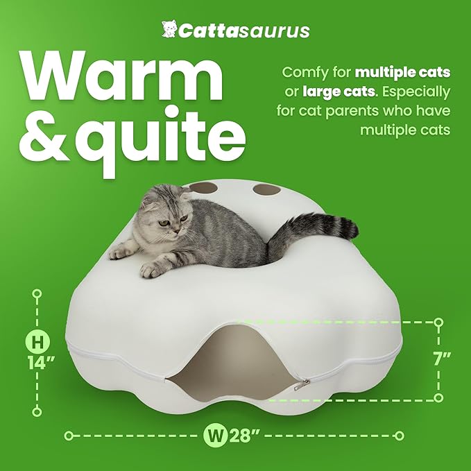 Cattasaurus Unique Gothic Peeka-Boo Cat Cave, Extra Spacious for Multiple & Large Cats 15+ lbs, Scratch Detachable Cat Beds for Indoor Cats, Washable Tunnel Bed (White Ghost, Jumbo)
