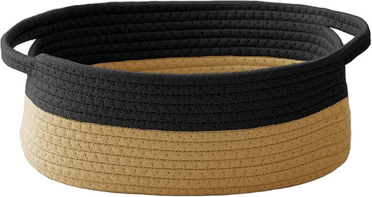JMvicyroam Woven Basket,Small Rope Storage Bin with Handles & Ribbon Bag, Organizer for Shelves Closets,Gift Basket Empty for Birthday,Books,Dog Toys, Black&Jute
