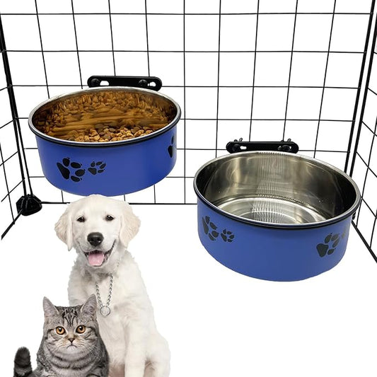 Dog Crate Food and Water Bowl 2Pcs Small Pet Hanging Kennel Removable Dish Feeding Cup with Holder for Medium Large Size Cat Puppy (Blue, 5.5''X2.3''&6.3‘’X2.5'')