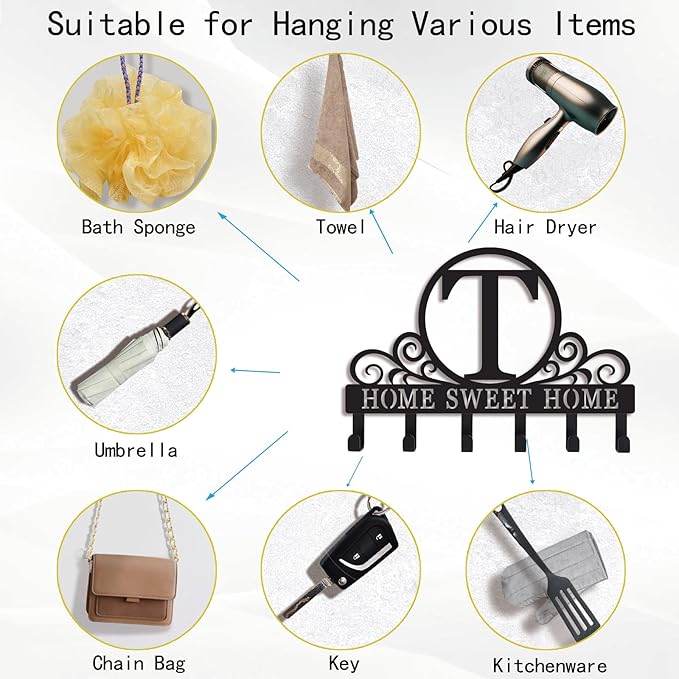 Metal Letter T Key Holder for Wall, Monogram Coat Rack Wall Mount, Key Hooks Perfect for Bathroom, Living Room, Kitchen, Office Ideal Wedding, Anniversary, Housewarming Gift (T)