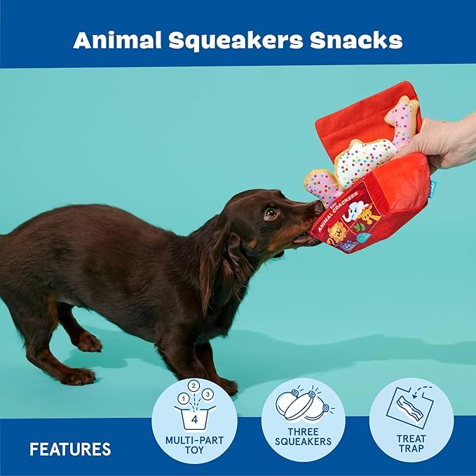 Barkbox Animal Squeakers Multi-Part Dog Toy – 4-in-1 Plush Toy Set with Treat-Hiding Crinkle Box & Three Squeaky Cookies – Fun Play for X-Small to Small Dogs