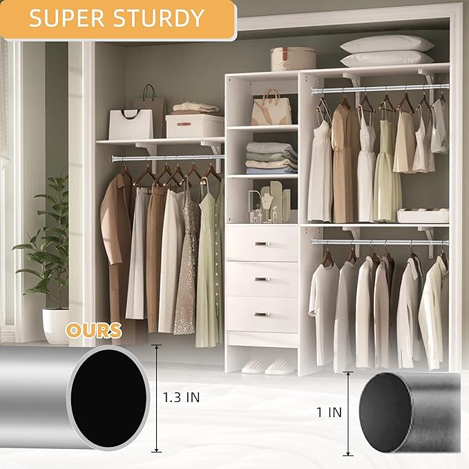 1.3 Inch Diameter Closet Rods for Hanging Clothes 17-75 Inch Adjustable, Metal Heavy Duty Closet Pole, Silver Closet Bar for Hanging Clothes, Suitable for Closet, Wardrobes, Bathroom, Windows