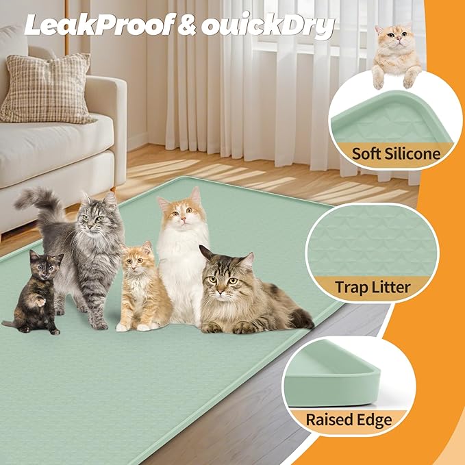 Bartuke Cat Litter Mat, Extra Large 51" x 25.6" Silicone Mat Litter Trapping Mat for Scatter Control, Soft on Kitty Paws, Easy to Clean (Green)