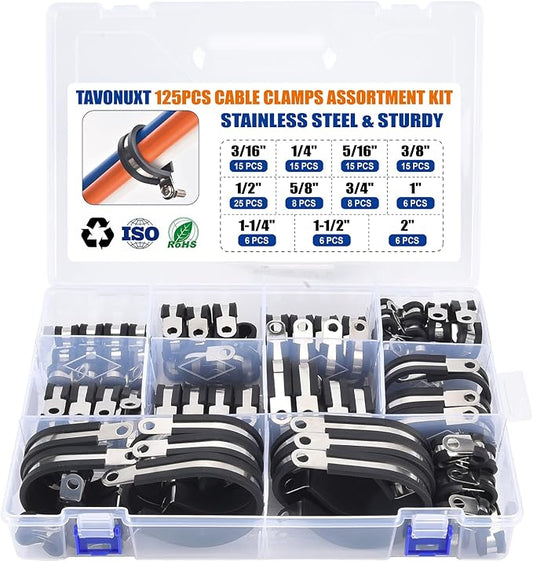 125PCS Cable Clamps Assortment Kit, 9 Sizes (3/16" to 2") Stainless Steel Rubber-Coated Cushioned Clamps, Insulated Pipe & Wire Holder for Automotive, Fuel Line, Hose, Tube