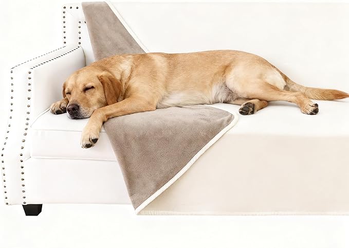 Waterproof Dog Blanket for Couch, Reversible Pet Throw Blankets Leak Proof Sofa Bed Protector for Furniture Machine Washable-52x82,Khaki+Beige