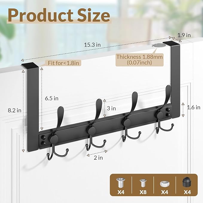 BAKON Over The Door Towel Rack with 4 Triple Hooks, Heavy Duty Over Door Hooks for Bathroom Closet Laundry Room Home Organizer, Door Hanger Coat Rack for Hanging Clothes Backpack Purse (1, Black)