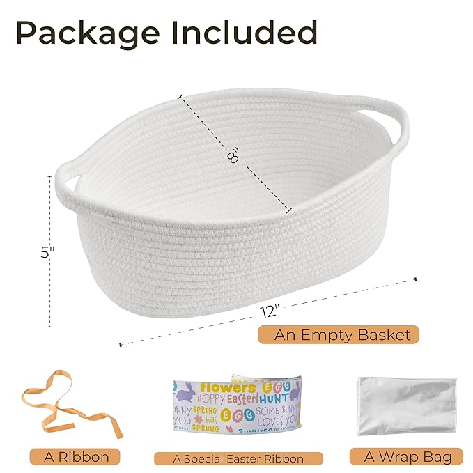 Small Woven Gift Basket Empty with Bag & Ribbon - Gifts for Mom, Baby Shower, Birthdays & Raffle - Cotton Rope Storage Basket for Dog Toys or Shelf - 12"x8"x5", White/Easter Ribbon