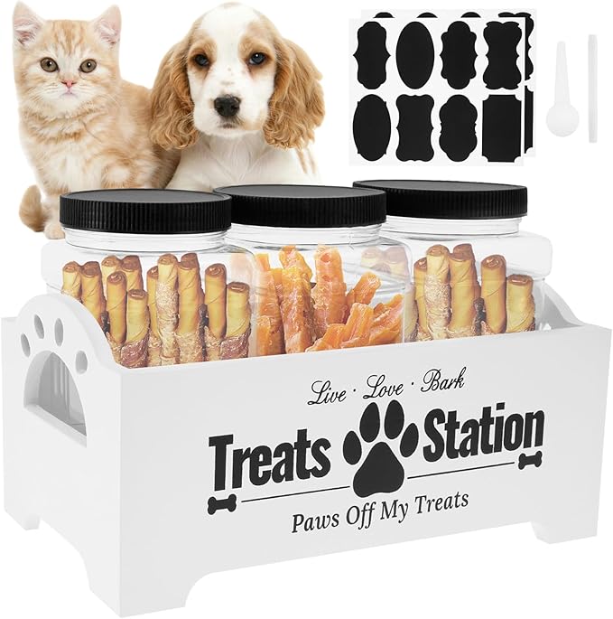 KarHoeGern Dog Treat Container for Countertop Dog Food Storage with 3 Plastic Treat Jars Wood Dog Food Container with Handles and Lids Farmhouse Practical Pet Cat Dog Treat Storage Containers (white)