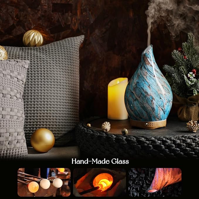 Porseme 280ml Glass Essential Oil Diffuser Aromatherapy Ultrasonic Cool Mist Humidifier 7 Running Hours Waterless Auto-Off Air Diffusers for Sleeping, Yoga, Office Working, Spa and Rest (Light Blue)