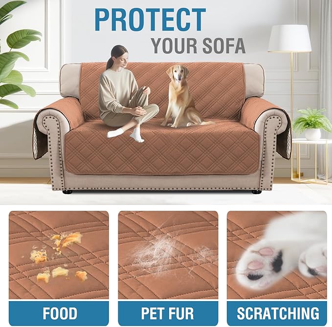 H.VERSAILTEX 100% Waterproof Sofa Covers for 2 Cushion Couch Modern Sofa Covers Waterproof and Washable Thick Soft Couch Cover for Dogs with Elastic Straps (Loveseat, Terracotta/Beige)