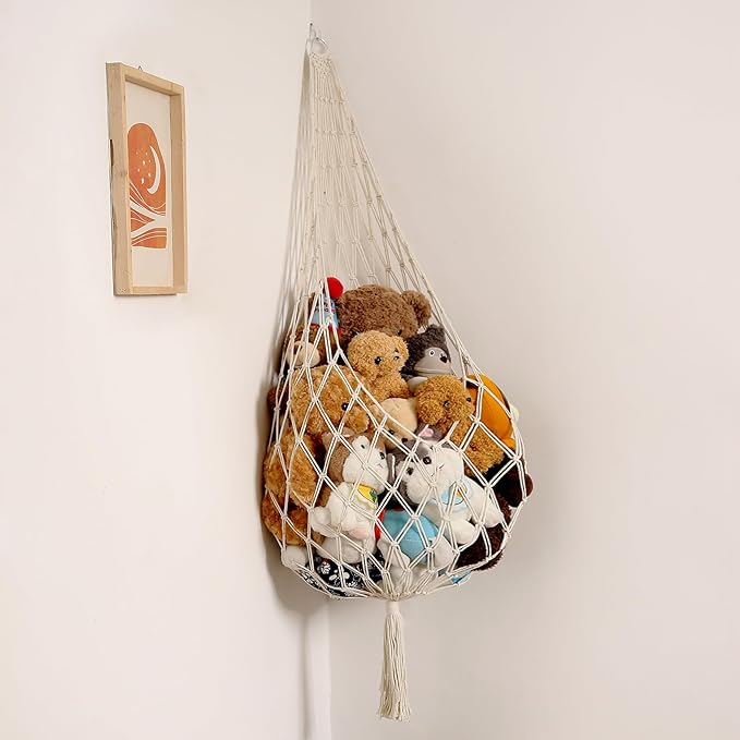 Stuffed Animal Storage Organizers Toy Hammock Corner Hanging Net Stuffy Animal Hammock Macrame Toy Display Plush Toy Holder Wall, Kid Bedroom Decor Boho Nursery Playroom Organizer (Cream XL)