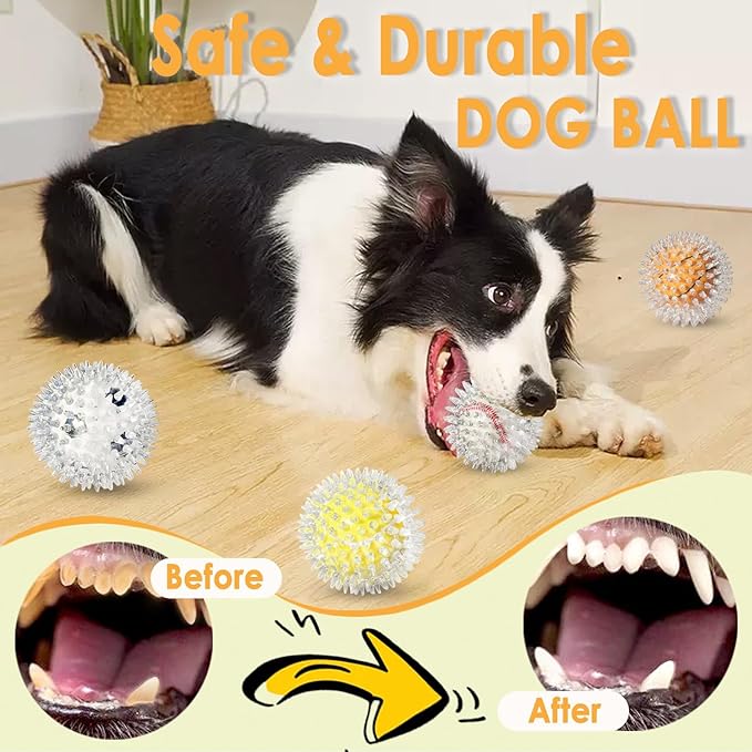 4 Pack Squeaky Dog Toy Balls - 3.54" Durable Spikey Balls for Aggressive Chewers, Tough Natural Rubber Interactive Fetch Toys for Medium & Large Dogs, Dental Care Teething Balls