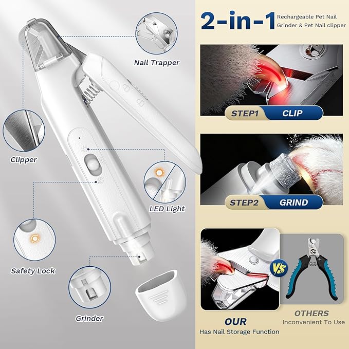 2-in-1 Dog Nail Clippers & Cat Nail Clippers Trimmers for Large Medium Small Dogs Cats Claw Trimmer Quick Sensor and Safety Guard USB Rechargeable with 2 LED Lights Dogs Nail Trimmer (White)