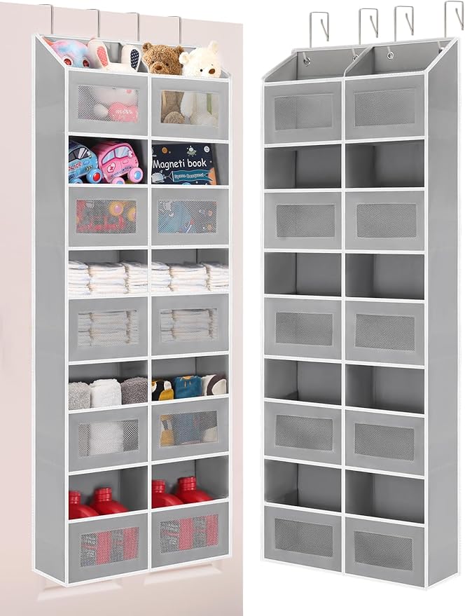 Over the Door Organizer Hanging- 10 Compartments, 80 lbs Load Behind Door Stuffed Animal Storage, Extra Large Toys Storage Organization for Bedroom, Bathroom, Nursery, Shoes, Diaper (grey)