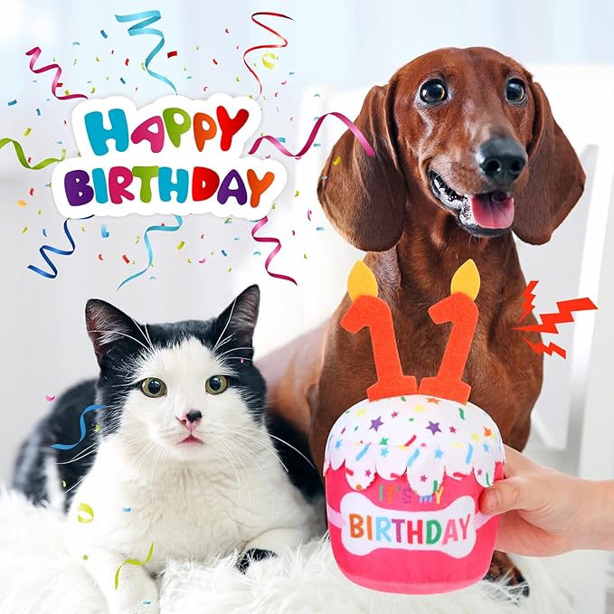 Dog 11th Birthday Cake Toy Accessories for Girl Boy Gifts, Pink Squeaky Plush Toy for Dog Birthday Party Decor Favor for Large, Medium and Small Dogs