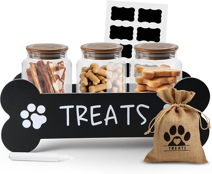 Furry Tails Co Dog Treat Container - Includes 3 Treat Jars, 1 Treat Bag, Wooden Pet Treat Holder, storage Basket, Dog Treat Station, with Reusable Sticker & Marker - Bone Shape