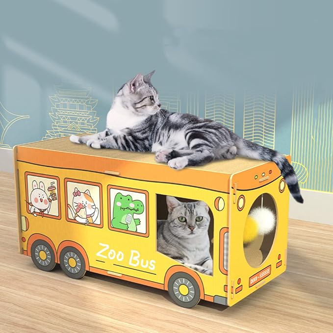 SHENGOCASE Wooden Jumbo 26.4" x 11.8" Extra Large Bus Shaped Cat Scratcher House for Maine Coon, Cardboard Cat House with Scratching Pad
